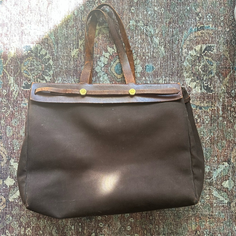 HERMÈS Dark Brown HERBAG Tote with Leather Handles and Gold Hardware AS IS